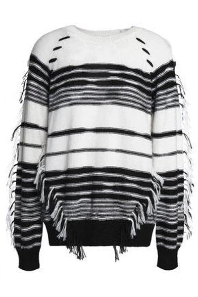 Shop Antik Batik Woman Fringe-trimmed Striped Knitted Sweater White