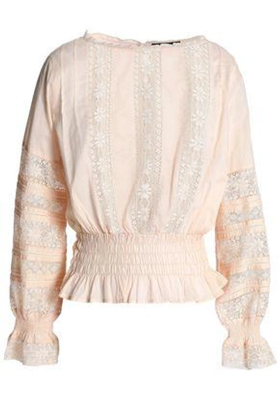 Shop Antik Batik Woman Lace-trimmed Shirred Cotton-mousseline Blouse Blush