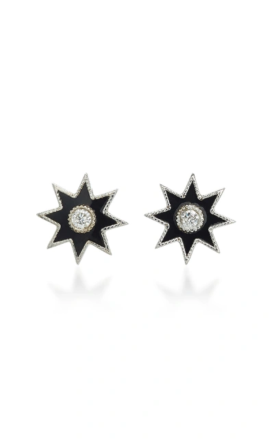 Shop Colette Jewelry Twinkle Star 18k White Gold Diamond And Enamel Earrings In Black/white