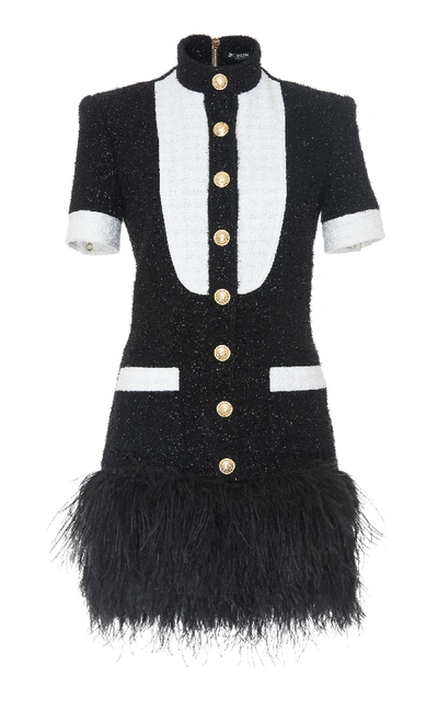 Shop Balmain Feather Hem Tweed Dress In Black/white