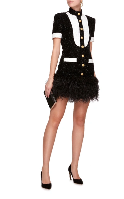 Shop Balmain Feather Hem Tweed Dress In Black/white