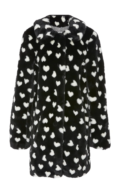 Shop Hvn Heart Printed Faux Fur Coat In Black/white