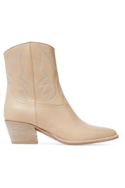 Shop Valentino Texan Embroidered Leather Ankle Boots In Beige