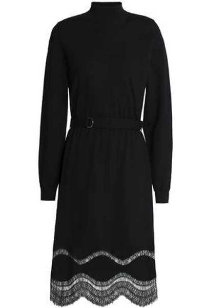 Shop Nina Ricci Woman Lace-trimmed Belted Wool Dress Black