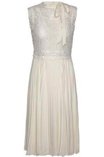 Shop Valentino Pussy-bow Guipure Lace And  Pleated Silk Crepe De Chine Dress In Ecru