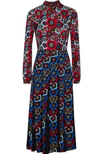 Shop Valentino Pleated Floral-print Silk-crepe Midi Dress In Multicolor