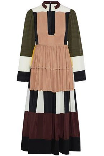 Shop Valentino Color-block Plissé Silk Crepe De Chine Midi Dress In Multicolor