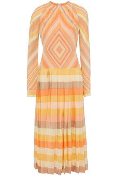 Shop Valentino Pleated Printed Silk Midi Dress In Peach