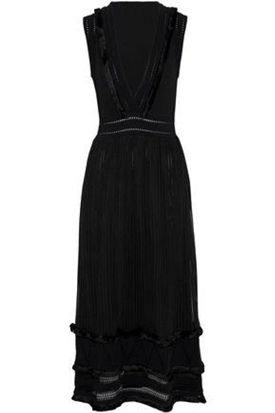 Shop Valentino Woman Pointelle-trimmed Silk Midi Dress Black