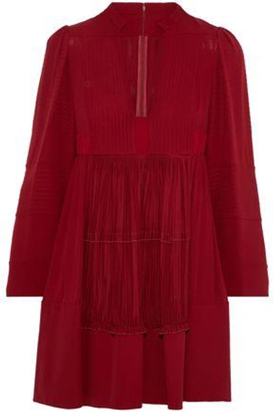 Shop Valentino Woman Crepe-paneled Plissé Silk Crepe De Chine Mini Dress Claret