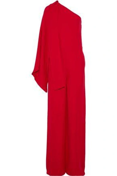 Shop Valentino One-shoulder Draped Silk-crepe Jumpsuit In Red