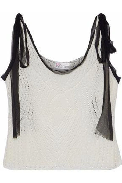 Shop Red Valentino Woman Georgette-trimmed Open-knit Top Cream