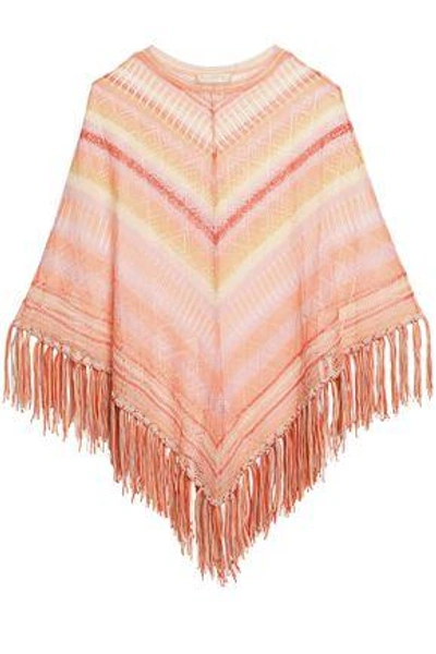 Shop Valentino Woman Fringed Striped Pointelle-knit Silk Poncho Pastel Orange