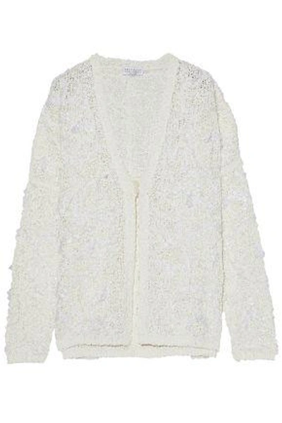 Shop Brunello Cucinelli Woman Sequin-embellished Coated Boucle-knit Cardigan White