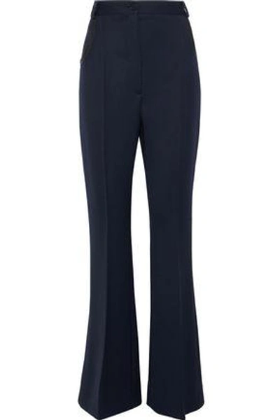 Shop Nina Ricci Woman Leather-trimmed Wool Flared Pants Midnight Blue