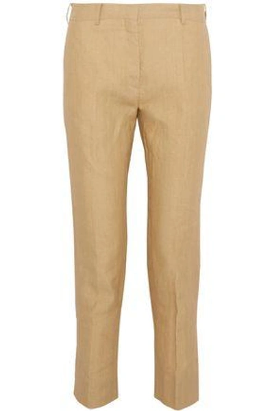 Shop Valentino Cropped Woven Flax Slim-leg Pants In Pastel Yellow