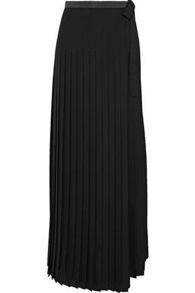 Shop Brunello Cucinelli Woman Bead-embellished Pleated Woven Maxi Wrap Skirt Black