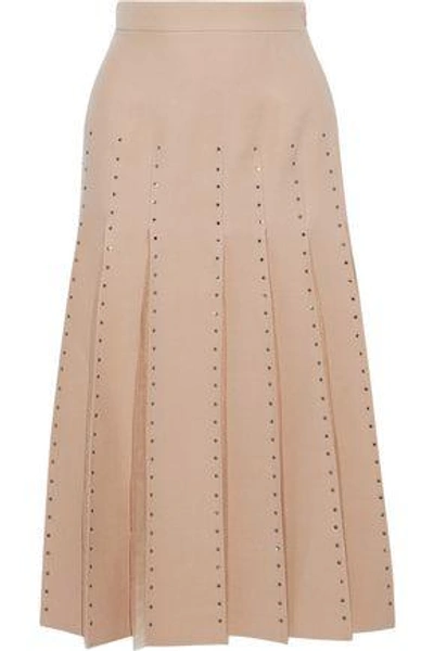 Shop Valentino Tulle-paneled Crystal-embellished Wool And Silk-blend Midi Skirt In Neutral