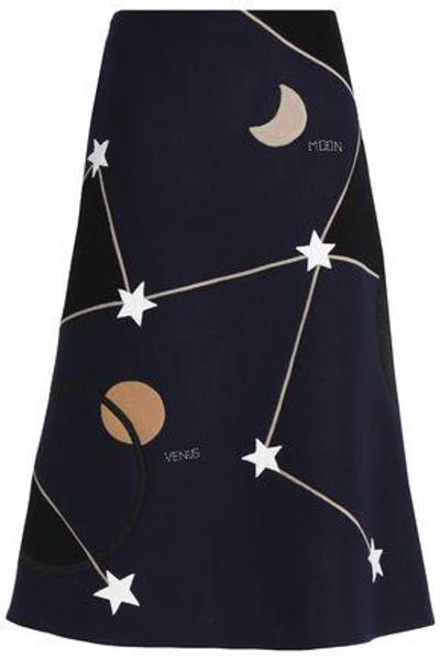 Shop Valentino Woman Appliquéd Embroidered Wool-blend Midi Dress Midnight Blue