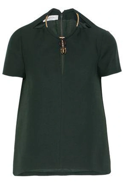 Shop Valentino Woman Embellished Wool And Silk-blend Crepe Top Dark Green