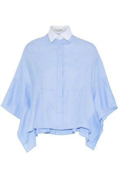 Shop Valentino Woman Piqué-trimmed Cape-effect Cotton-oxford Shirt Light Blue