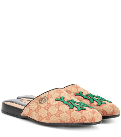 Shop Gucci Embroidered Gg Canvas Slippers In Beige