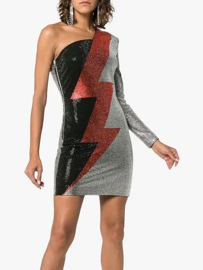 Shop Balmain Asymmetrical Rhinestone Lightning Bolt Print Dress In Metallic