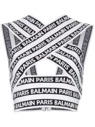 Shop Balmain Knit Cross Neck Logo Top In White