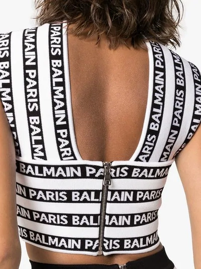 Shop Balmain Knit Cross Neck Logo Top In White