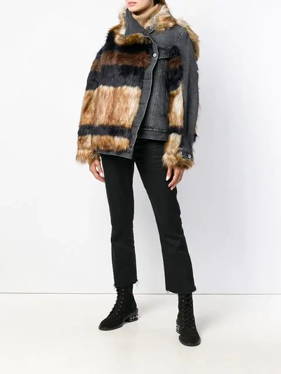Shop Sacai Denim Faux Fur Jacket In Grey