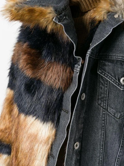 Shop Sacai Denim Faux Fur Jacket In Grey