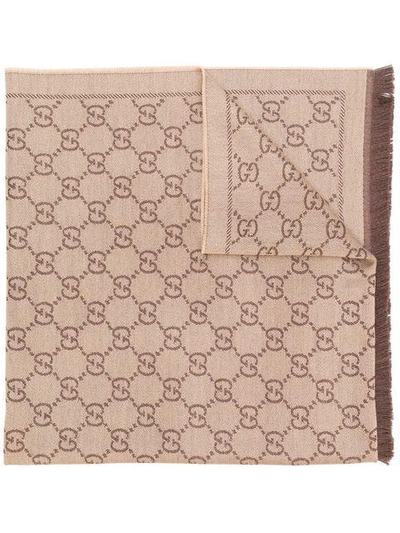 Shop Gucci Gg Jacquard Pattern Knitted Scarf - Neutrals