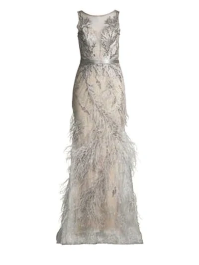 Shop Basix Black Label Lace & Feather Trim Column Dress In Silver