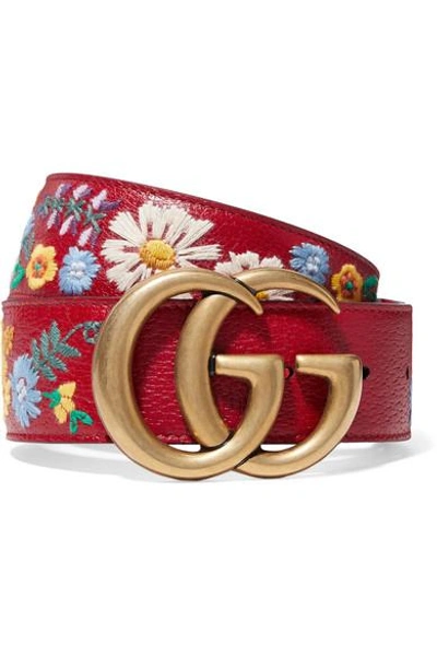 Shop Gucci Embroidered Textured-leather Belt In Red