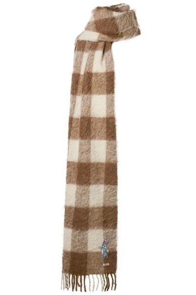 Shop Gucci Fringed Checked Knitted Scarf In Brown