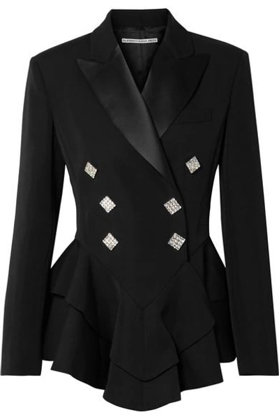 Shop Alessandra Rich Crystal-embellished Satin-trimmed Wool-crepe Peplum Blazer In Black