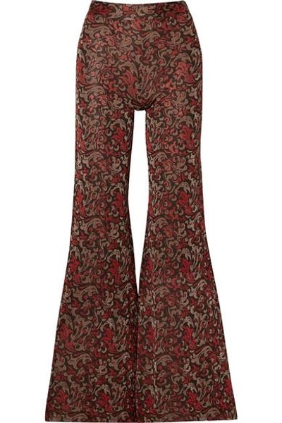 Shop Chloé Metallic Jacquard-knit Flared Pants In Dark Brown