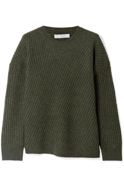 Shop Vince Asymmetric Ribbed Wool-blend Sweater In Army Green