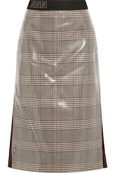 Shop Fendi Prince Of Wales Chiffon-trimmed Checked Glossed-wool Midi Skirt In Gray