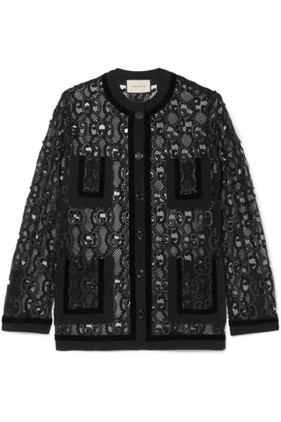 Shop Gucci Velvet And Grosgrain-trimmed Macramé Lace Jacket
