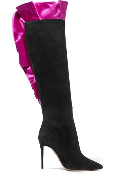 Shop Aquazzura Eiffel 105 Satin-trimmed Suede Over-the-knee Boots In Black