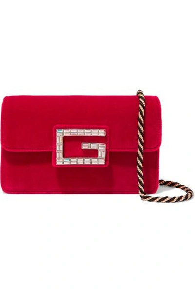 Shop Gucci Broadway Crystal-embellished Velvet Shoulder Bag In Red