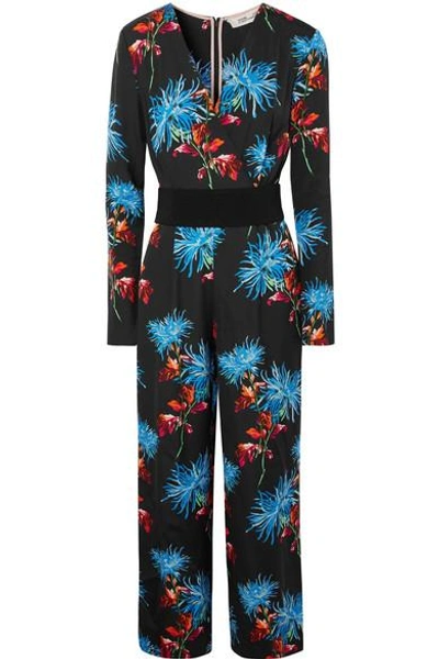 Shop Diane Von Furstenberg Belted Floral-print Crepe Jumpsuit In Black