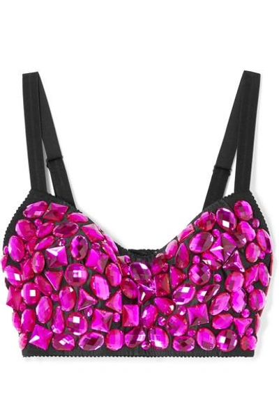 Shop Dolce & Gabbana Cropped Crystal-embellished Satin Top In Fuchsia