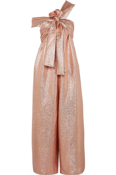 Shop Ulla Johnson Jagger One-shoulder Silk-blend Lamé Jumpsuit In Antique Rose
