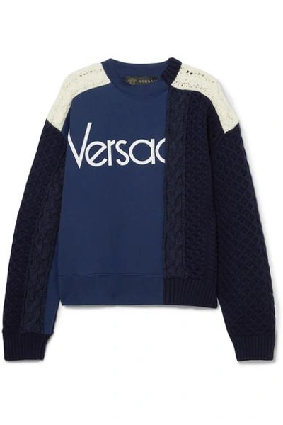 Shop Versace Paneled Cable-knit Wool And Cotton-jersey Sweater In Navy