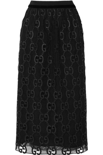 Shop Gucci Velvet And Grosgrain-trimmed Macramé Lace Midi Skirt In Black