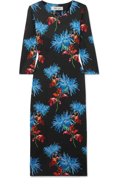 Shop Diane Von Furstenberg Saihana Floral-print Silk-jersey Midi Dress In Black