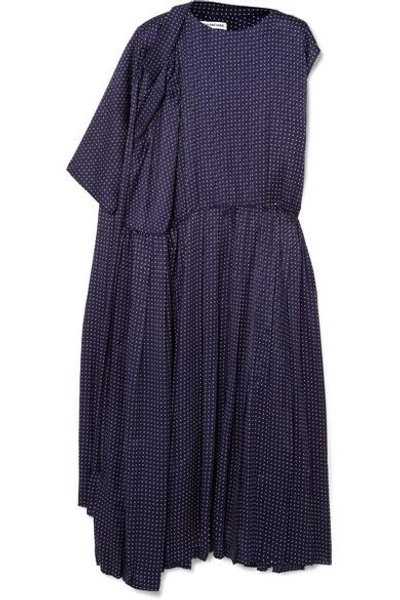 Shop Balenciaga Asymmetric Polka-dot Silk-jacquard Midi Dress In Navy
