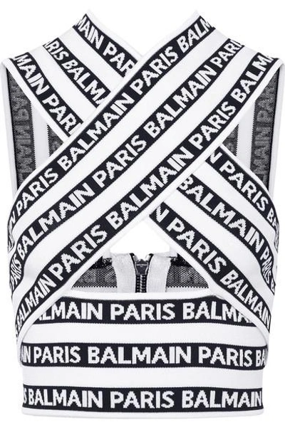 Shop Balmain Jacquard-knit Top In White